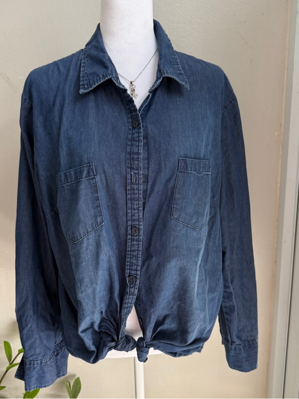 Faded Glory Dark Blue Denim Tie-Front Button-Up Shirt
